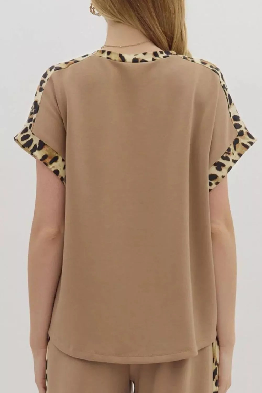 Camel relaxed fit t-shirt with leopard print trim on sleeves and neckline.