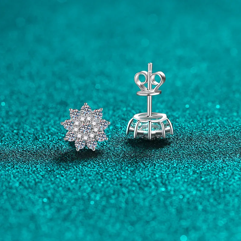 Crystal cluster snowflake stud earrings in silver with sparkling stones.