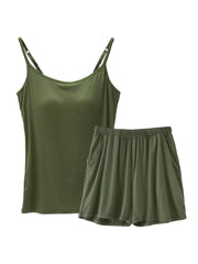 Army green cami and shorts pajama set with adjustable straps and pockets.