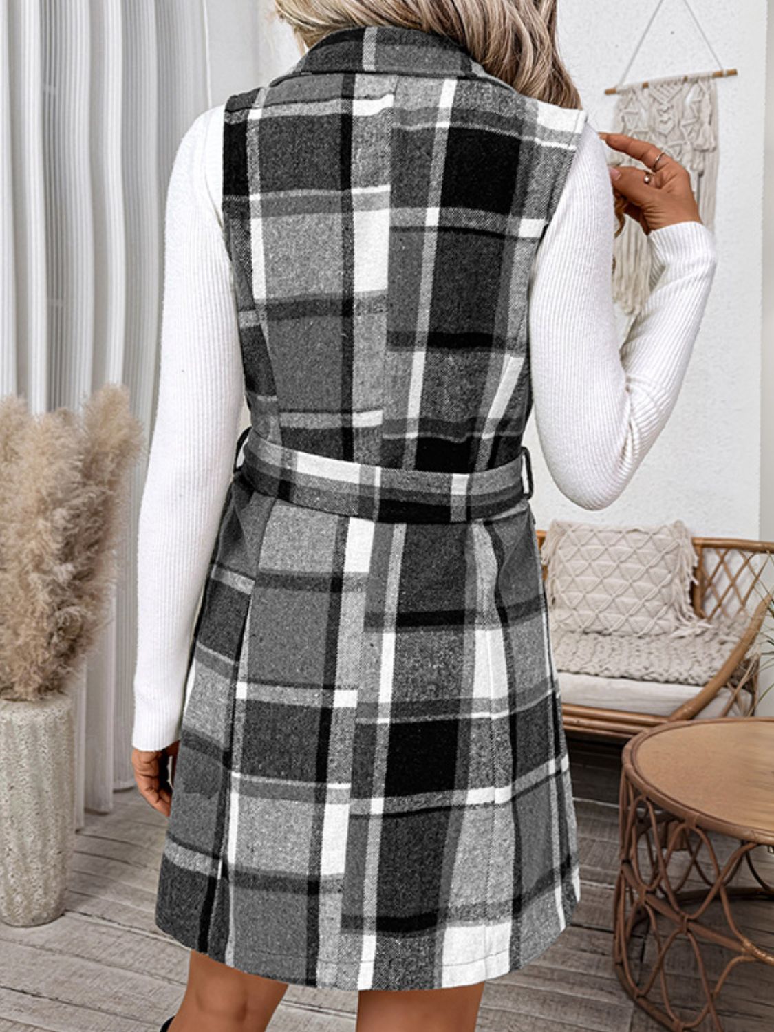 Plaid belted longline vest in dark gray with a notched collar and a tie waist.