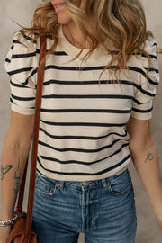 Puff sleeve breton knit top in cream with black stripes and crew neck.