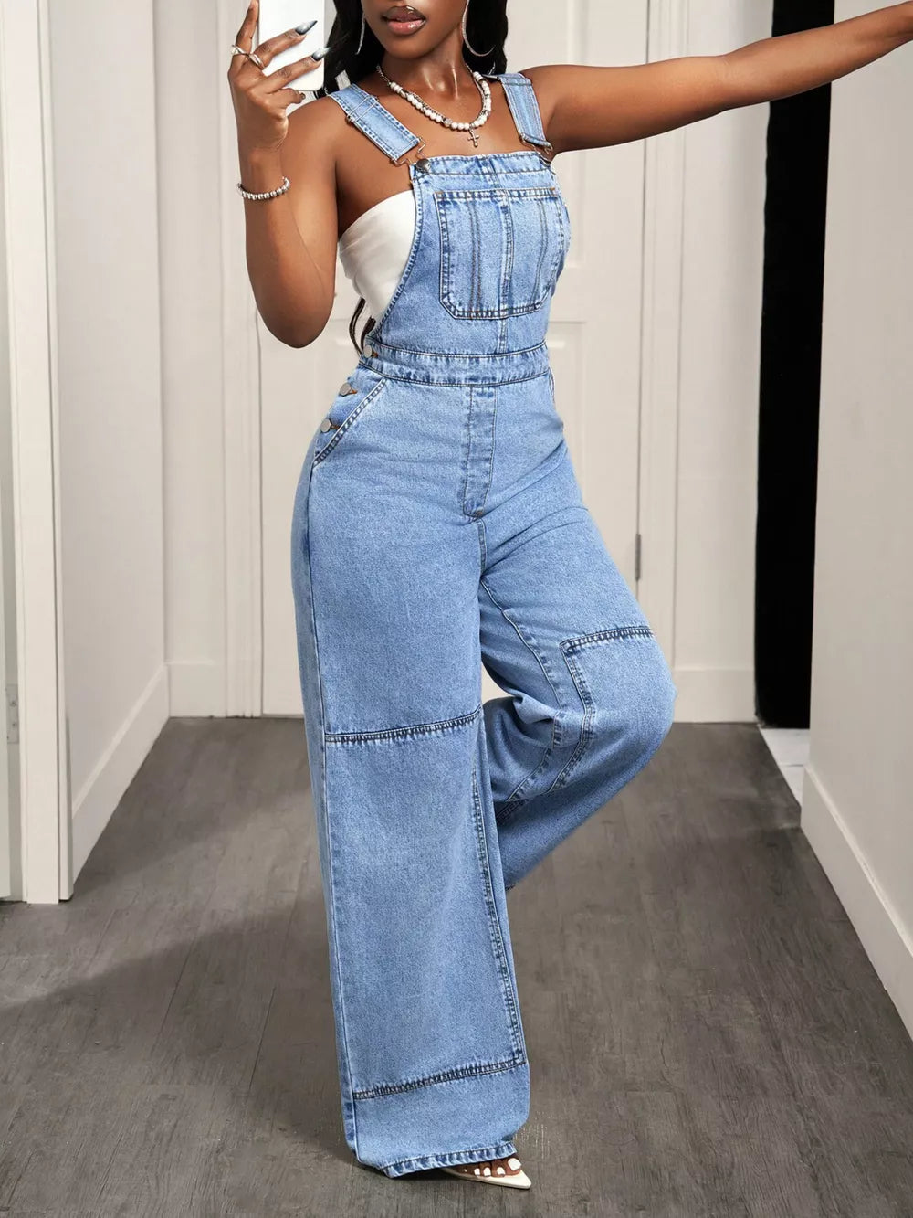 Wide Strap Wide Leg Denim Overalls, model styling view