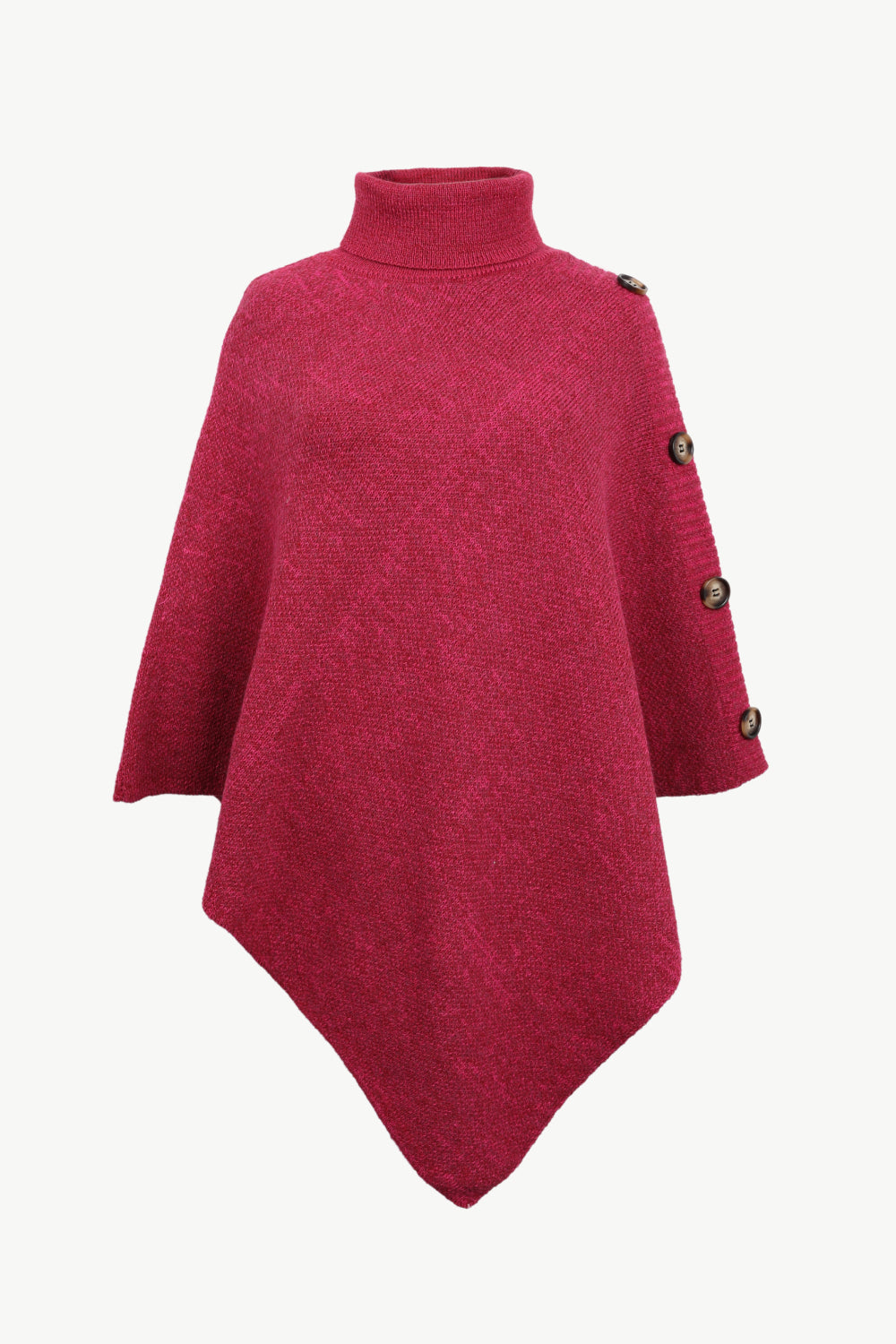 Hot Pink acrylic turtleneck knit poncho with button details on the shoulder.