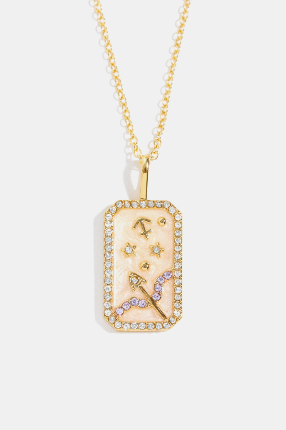 14K gold-plated Sagittarius zodiac sign crystal pendant necklace with celestial details.