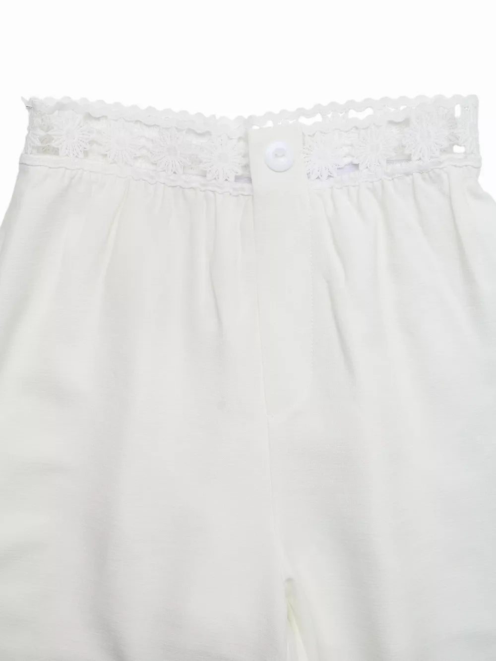 White wide-leg pants with crochet waistband detail and button closure.
