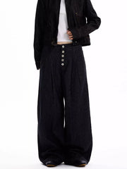 Men's black high-waisted wide leg jeans with button fly and pinstripe pattern.