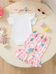 Baby Easter outfit with white flutter sleeve bodysuit and pink bunny & egg print bell bottoms.