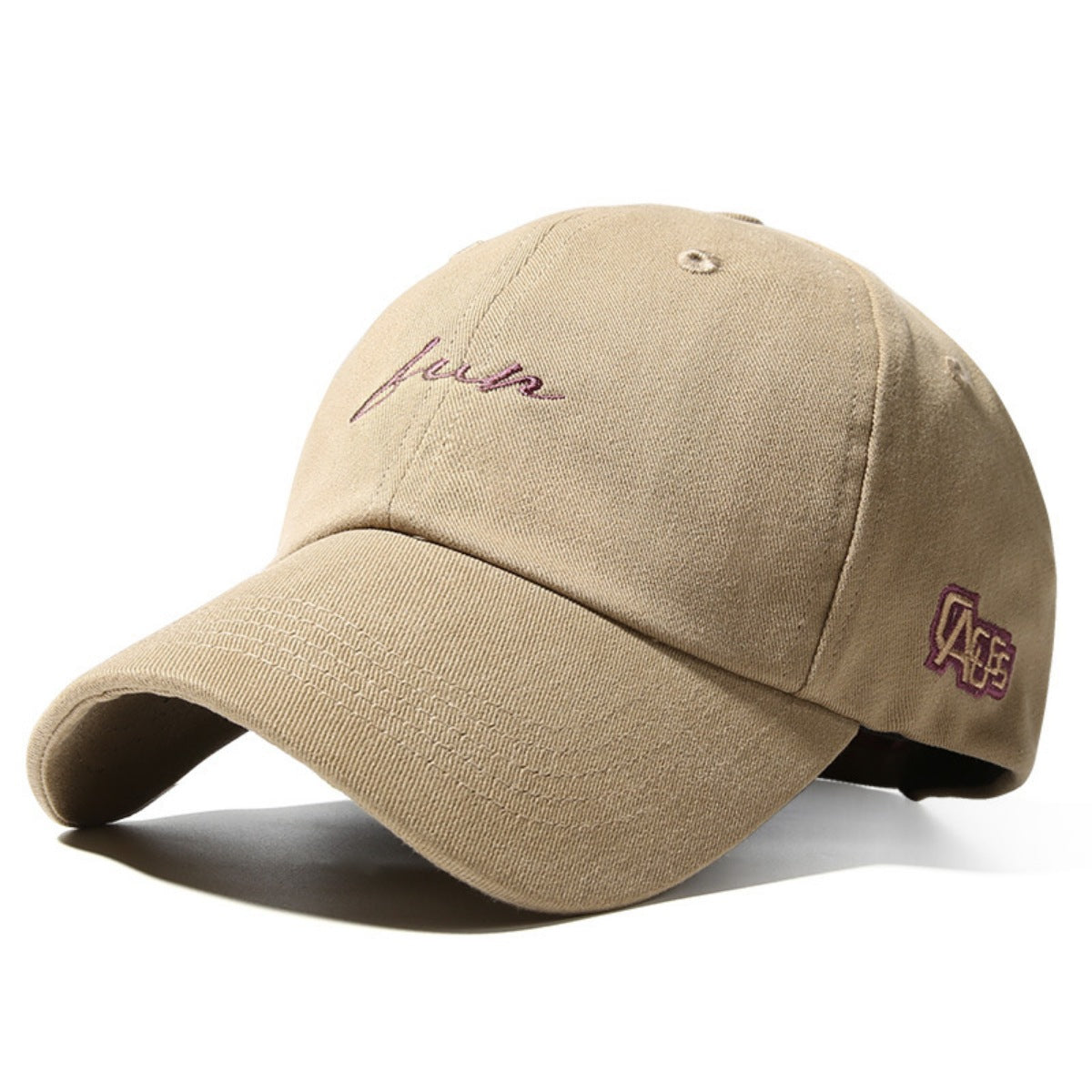 Camel cotton baseball cap with purple embroidered text detail