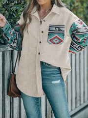 Corduroy shacket in dust storm with Aztec print pocket and sleeves, collared, buttoned front.