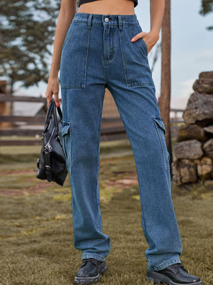Utility denim straight leg cargo pants in medium blue wash with multiple pockets.