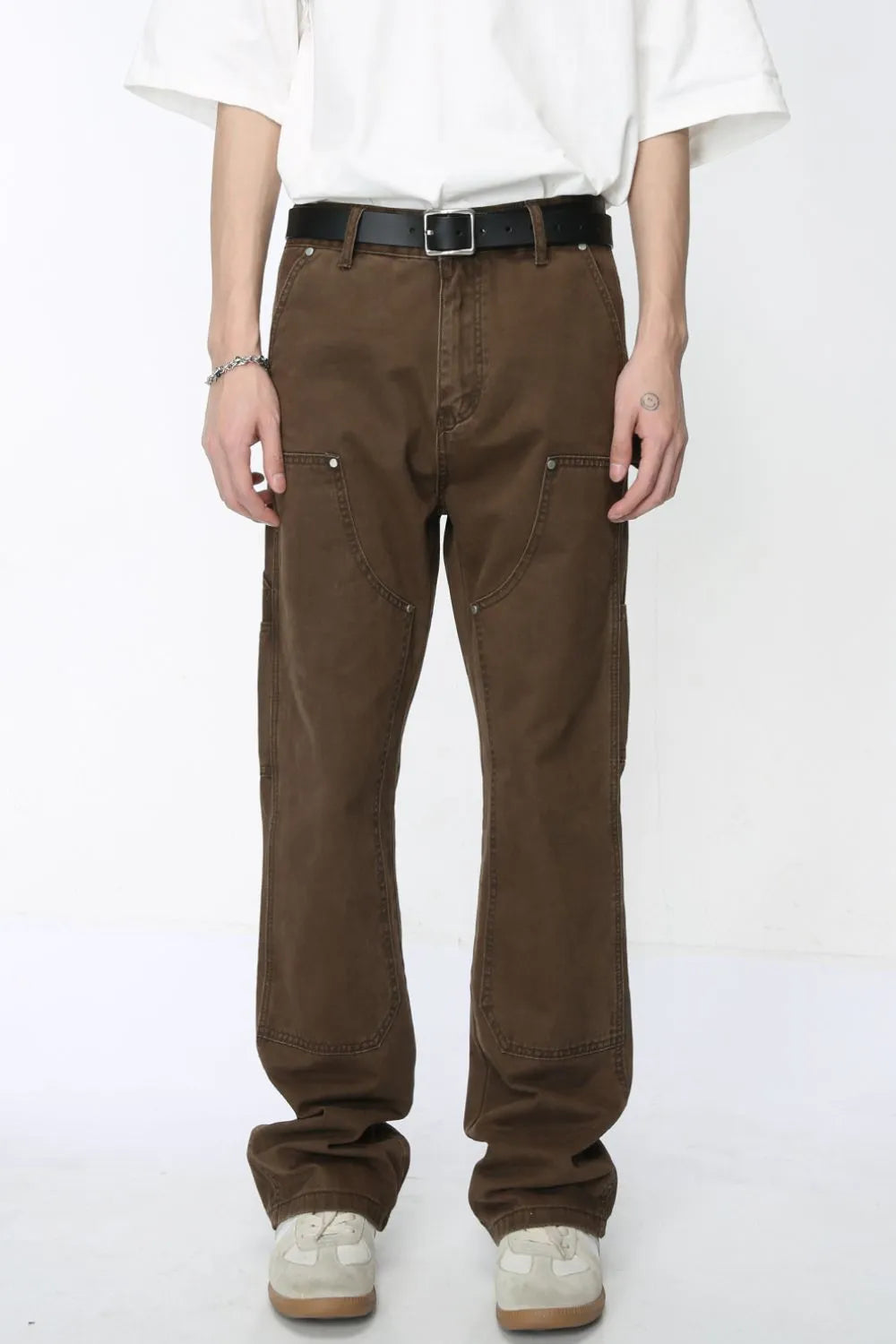 Chocolate wide leg carpenter pants with utility seams and pockets