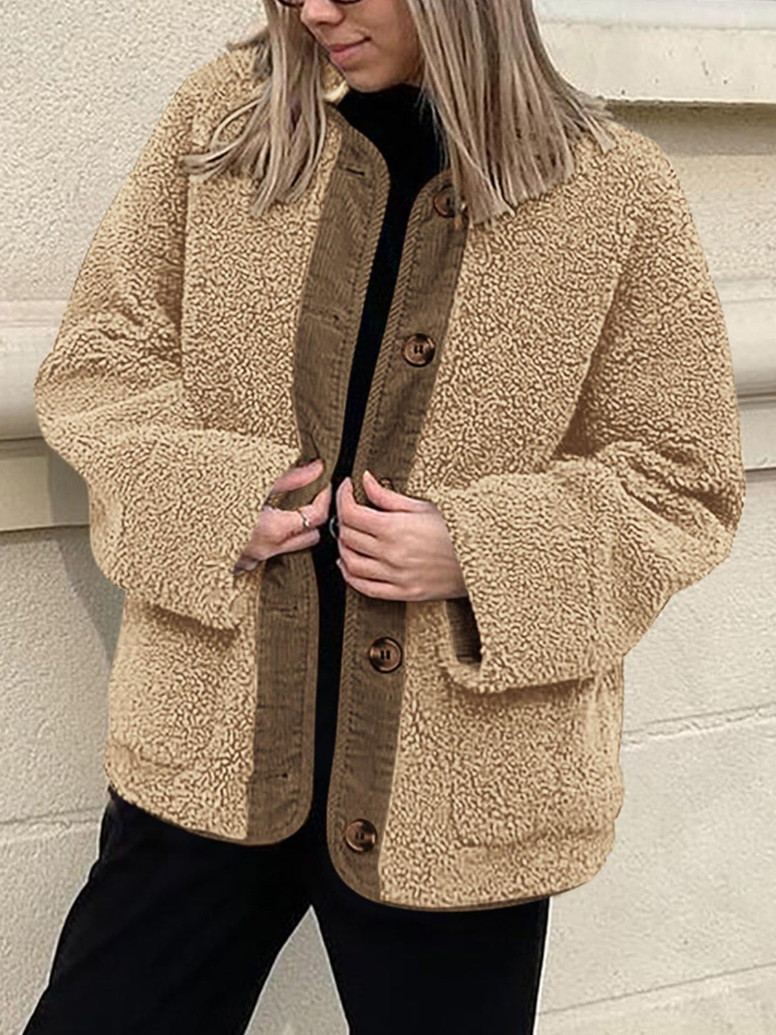 Tan teddy-texture button-up jacket with corduroy trim and button details