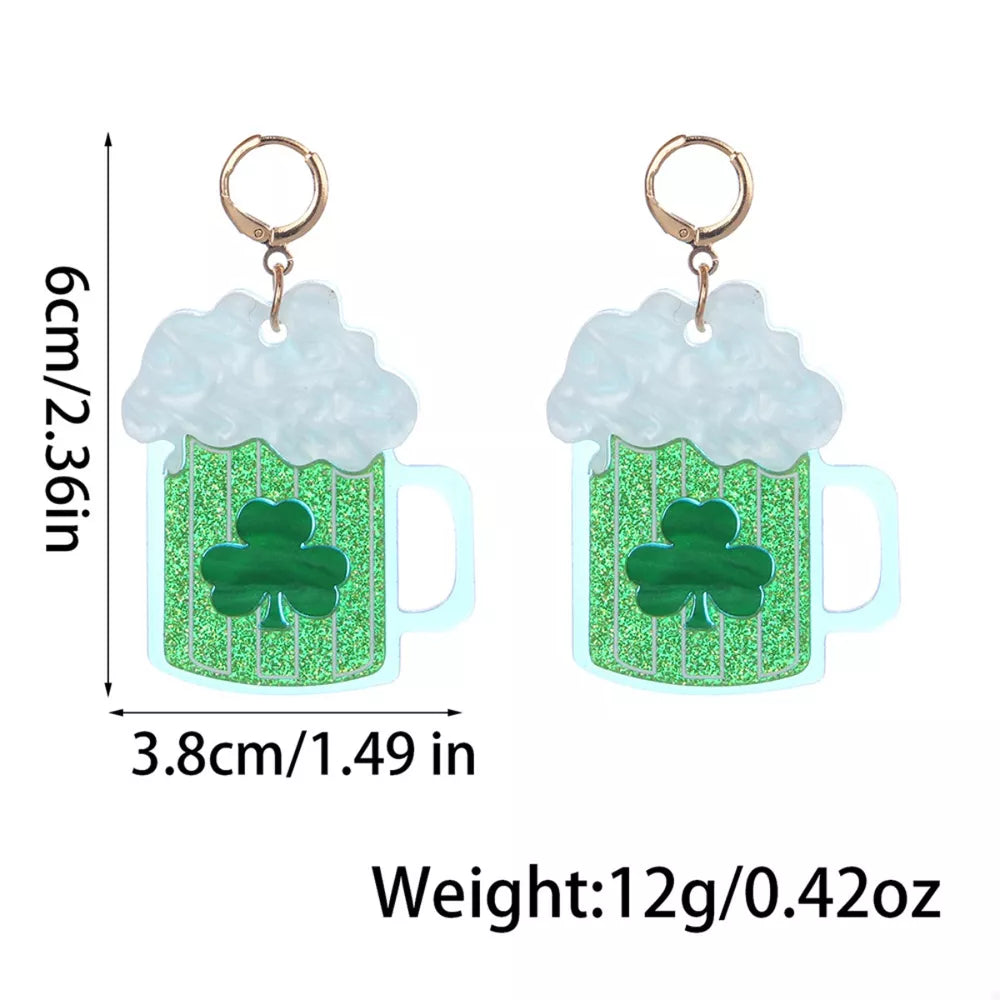 Gold dangle earrings with green beer mug and clover charm, white foam top