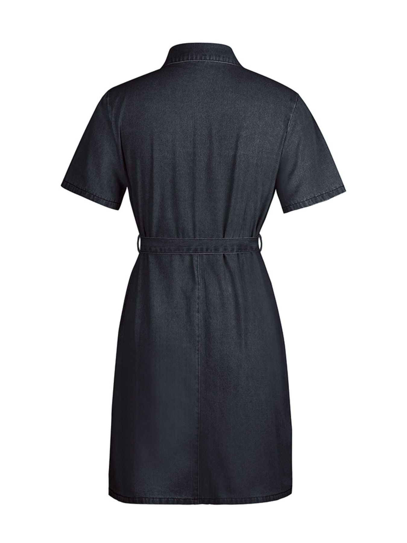 Zipper front denim mini dress in dark gray with short sleeves and a belted waist.