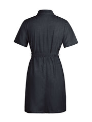 Zipper front denim mini dress in dark gray with short sleeves and a belted waist.