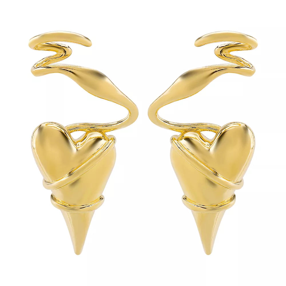 Gold twisted heart wire earrings with luxe finish and pointed base.