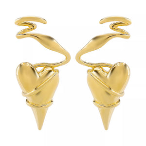 Gold twisted heart wire earrings with luxe finish and pointed base.