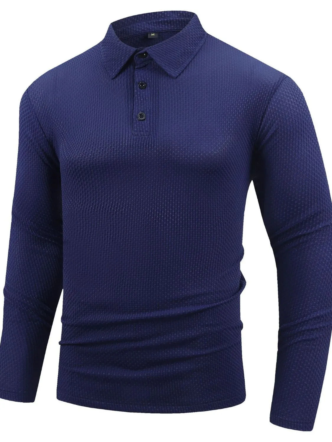 Navy textured long sleeve polo shirt with buttoned placket and articulated sleeves.