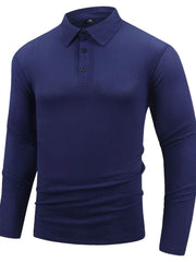 Navy textured long sleeve polo shirt with buttoned placket and articulated sleeves.