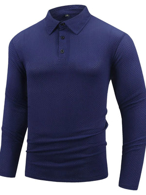 Navy textured long sleeve polo shirt with buttoned placket and articulated sleeves.