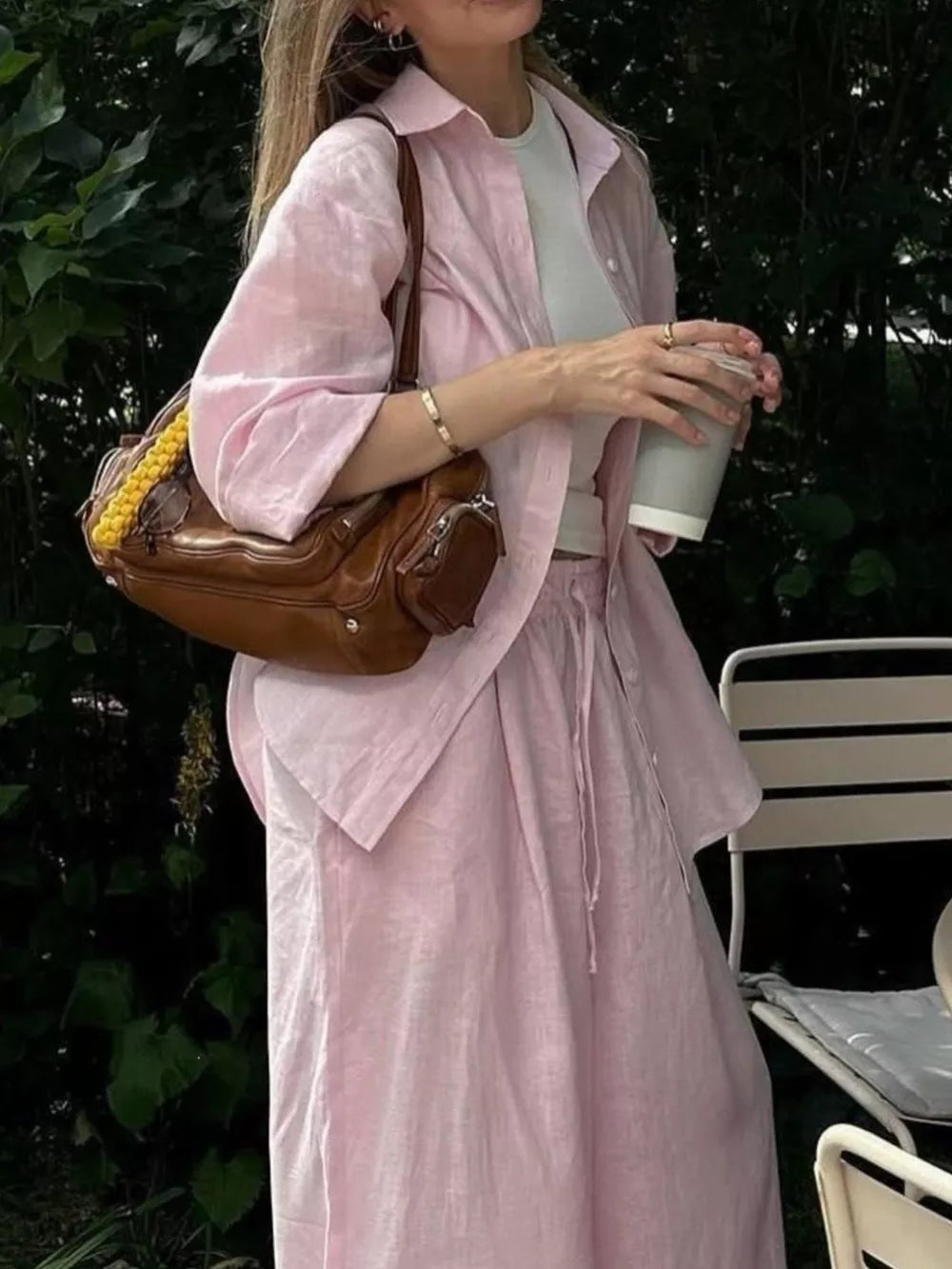 Button Up Shirt And Drawstring Pants Set in Apricot, product detail