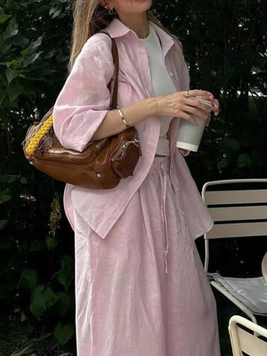 Button Up Shirt And Drawstring Pants Set in Apricot, product detail
