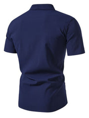 Men's dark blue short sleeve button-up shirt with band collar, casual cotton fabric.