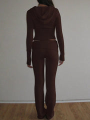 Zip Up Hooded Cardigan And Pants Sweater Set in Black, product detail