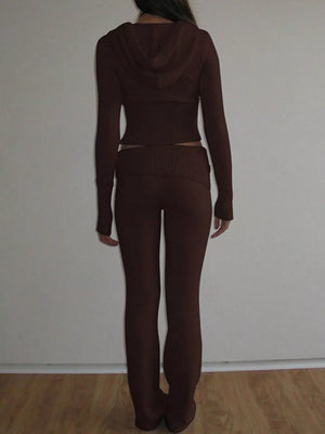 Zip Up Hooded Cardigan And Pants Sweater Set in Black, product detail