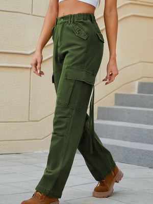 Army green utility pocket straight leg cargo pants with tie detail.