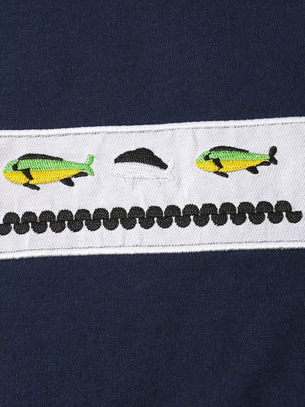 Navy blue tee with embroidered fish and wavy trim detail