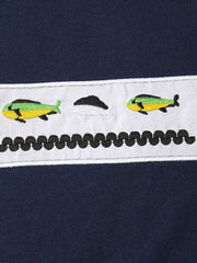 Navy blue tee with embroidered fish and wavy trim detail