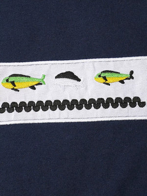 Navy blue tee with embroidered fish and wavy trim detail