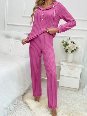 Hot Pink ribbed knit loungewear set with buttoned henley hoodie and drawstring pants.