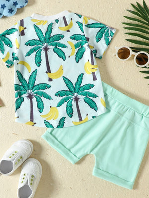 Baby set with banana palm tree print on French Blue crew neck top and Light Green shorts