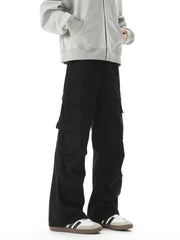 Relaxed fit black cargo pants with multiple utility pockets and a wide leg.