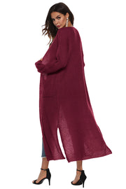 Burgundy longline knit cardigan with side slits and pockets