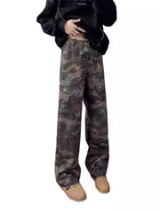 Camouflage wide-leg jeans with star accents and a button fly.