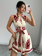 Cream and red print shirtdress with ruching and tie waist