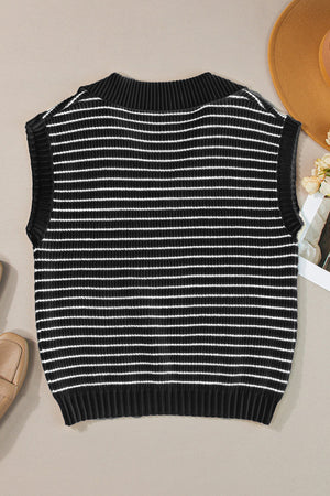 Black and ivory striped knit polo vest with a ribbed collar and hem.