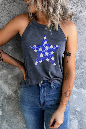 Dark gray halter tank top with a blue and white graphic star design.