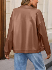 Brown faux leather bomber jacket with elastic cuffs and hem, shown from the back.