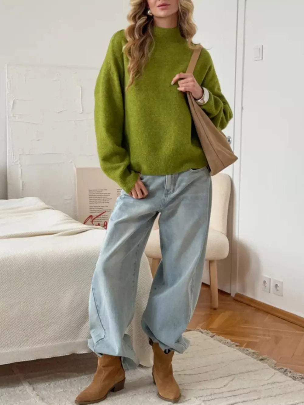 Moss green relaxed mock neck knit sweater with acrylic blend, long sleeves, and a comfortable fit.