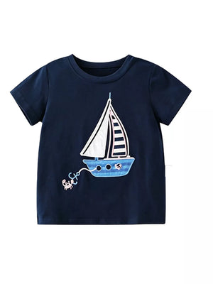 Navy blue t-shirt with a graphic sailboat and crab, short sleeves, crew neck.