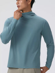 Men's Air Force Blue long sleeve cotton hoodie with a high neck detail.