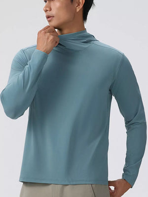Men's Air Force Blue long sleeve cotton hoodie with a high neck detail.
