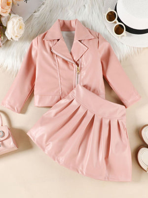 Pink faux leather jacket and pleated skirt set for baby girls
