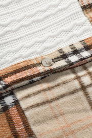 Patchwork plaid knit shacket in sherbet with cable knit detail and button closure.