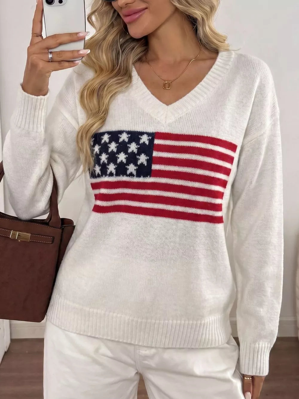 American Flag V-neck Knit Top in Black, side view