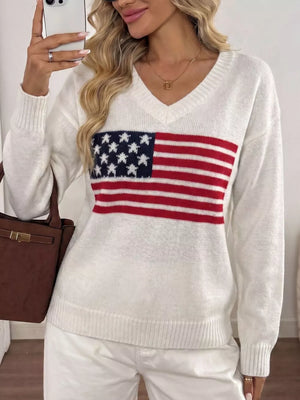 American Flag V-neck Knit Top in Black, side view
